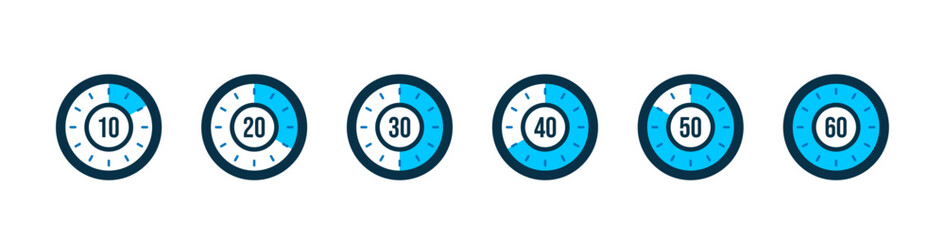 Set of timer. Stopwatch icons set. Countdown 10, 20, 30, 40, 50, 60 minutes. Timer symbol. Outline stopwatch icon. Alarm pictogram. Vector, Transparent background