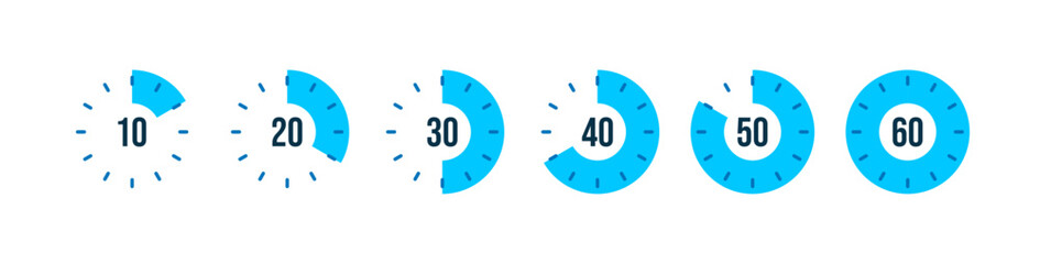 Set of timer. Stopwatch icons set. Countdown 10, 20, 30, 40, 50, 60 minutes. Timer symbol. Outline stopwatch icon. Alarm pictogram. Vector, Transparent background