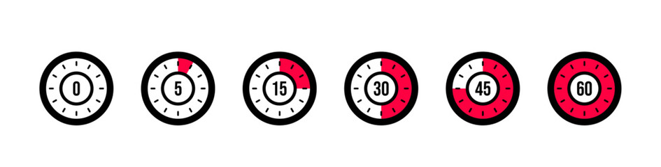 Set of timer. Stopwatch icons set. Countdown 0, 5, 15, 30, 45, 60 minutes. Timer symbol. Outline stopwatch icon. Alarm pictogram. Vector, Transparent background