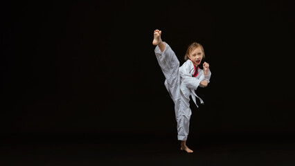 Banner: Asian-Australian girl poses in martial arts Practice taekwondo, karate, judo against a dark...