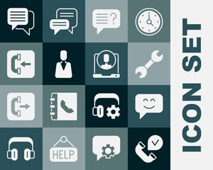 Set Telephone handset, Smile face, Wrench spanner, Unknown search, Employee, Incoming call, Speech bubble chat and 24 hours support icon. Vector