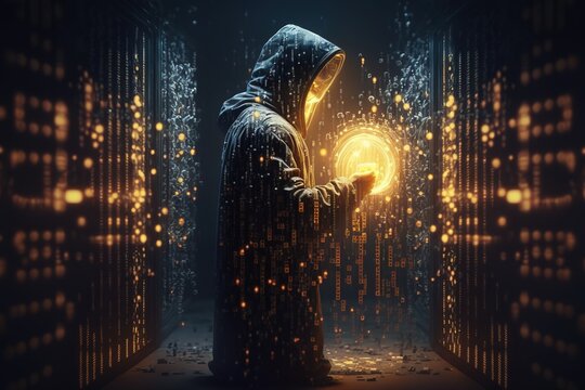 Cybersecurity, computer hacker with hoodie, vulnerability and hacker,coding,malware concept on server room background, metaverse digital world technology, breaks binary data.