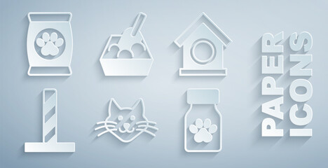 Fototapeta premium Set Cat, Dog house, scratching post with toy, Medicine bottle and pills, litter tray shovel and Bag of food for pet icon. Vector