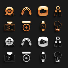 Set Boxing gong, Sport expander, glove, Smart watch with heart, mechanical scoreboard, helmet and Mouth guard boxer icon. Vector