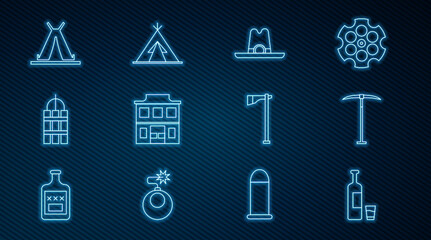 Set line Whiskey bottle and glass, Pickaxe, Western cowboy hat, Wild west saloon, Detonate dynamite bomb stick, Indian teepee or wigwam, Tomahawk and icon. Vector