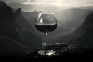 a glass of red wine on top of a mountain. Achievement concept.  