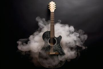 An expensive black and gold color guitar with smoke isolated in a  dark background.  Solo Music concept. - obrazy, fototapety, plakaty