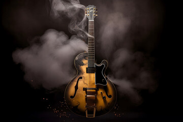 An expensive black and gold color guitar with smoke isolated in a  dark background.  Solo Music concept.