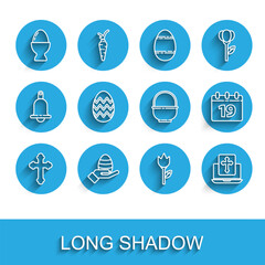 Fototapeta premium Set line Christian cross, Human hand and easter egg, Easter on stand, Flower tulip, Cross the laptop screen, Calendar with Happy and Basket icon. Vector