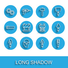 Set line Trowel, Worker safety helmet, Hexagonal metal nut, Paint brush, Road barrier, and icon. Vector