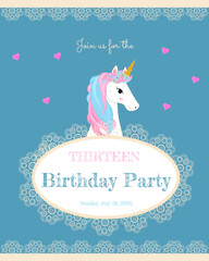 Birthday invitation  with unicorn, flowers, hearts,