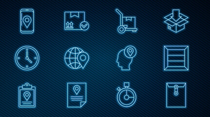 Set line Envelope, Wooden box, Hand truck and boxes, Location on the globe, Fast time delivery, Mobile with app tracking, Delivery man cardboard and Package check mark icon. Vector