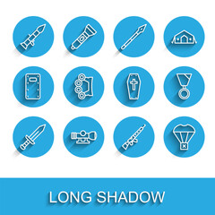 Set line Sword, Sniper optical sight, Rocket launcher, rifle with scope, Box flying on parachute, Brass knuckles, Military reward medal and Coffin cross icon. Vector