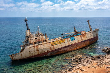 Cyprus - Abandoned shipwreck EDRO III in Pegeia, Paphos from amazing drone view