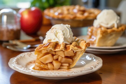 Mouth-watering Apple Pie with Ice Cream served on ornate plate with blurred background. AI Generated