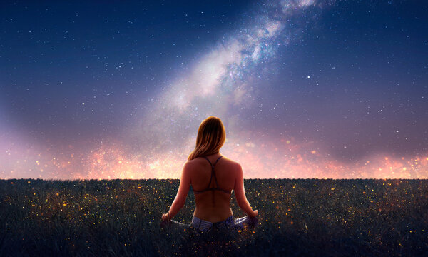 Woman meditating at night, relaxation, state of mind
