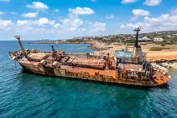Foto auf Leinwand Cyprus - Abandoned shipwreck EDRO III in Pegeia, Paphos from amazing drone view © SAndor