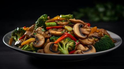 Mushroom Stir-Fry. Sliced mushrooms quickly stir-fried with bell peppers, broccoli and onions, seasoned with soy sauce, garlic, and ginger. Generative AI