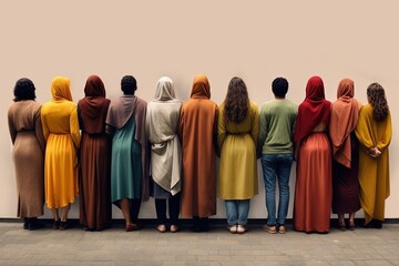 group of people in a row, different ethnicity, religion and skin color