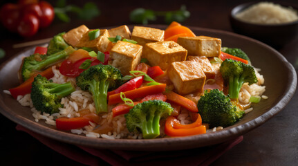 Tofu and Vegetable Stir Fry on a plate. Generative AI