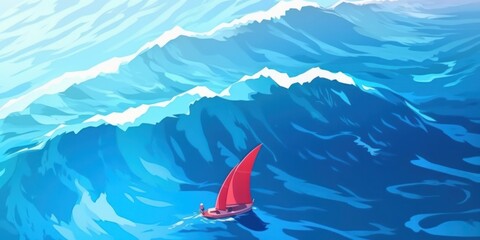 Aerial view of a red yacht with a sail. AI generative illustration.
