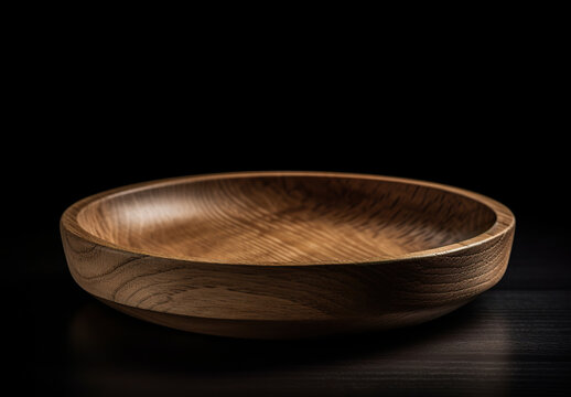 A Wooden Tray On A Black Background. Empty Wooden Plate On Dark Kitchen Table. Round Burnt Wooden Serving Board On Gray. Realistic 3D Illustration. Generative AI