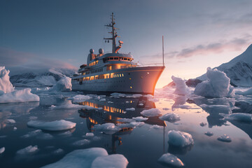 Ship in the ocean during winter slicing through iceburg. A painting of a ship. Icebreaker breaks ice hummocks and ice floes in the arctic ocean against of dramatic sky. Generative AI