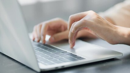 Close up on female hands business people typing on laptop computer keyboard, Freelance work anywhere, remote work, digital nomad concept. - Powered by Adobe