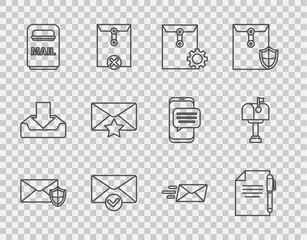 Set line Envelope with shield, Document and pen, setting, check mark, Mail box, star, Express envelope and icon. Vector