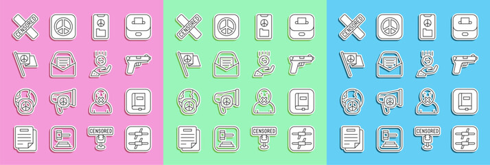Set line Barbed wire, Law book, Pistol or gun, Peace, Mail and e-mail, Censored stamp and Coins on hand minimal wage icon. Vector