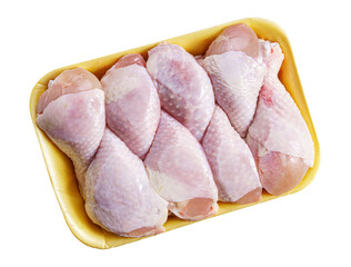 Raw chicken drumsticks in a tray isolated - 609468544
