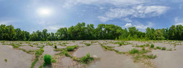 Abandoned park panorama with overgrown asphalt playground