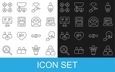 Set line Complicated relationship, Happy friendship day, BFF or best forever, Pleasant, Family photo, Computer monitor screen, and Envelope with Valentine heart icon. Vector