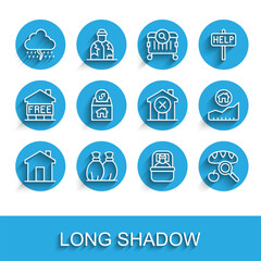 Set line Real estate, Garbage bag, Cloud with rain, Sleeping, Searching for food, Donation and charity, Rising cost of housing and No house icon. Vector