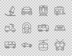 Set line Bus, Trolleybus, Train and railway, Car, Windsurfing, Rafting boat, Cable car and Taxi roof icon. Vector