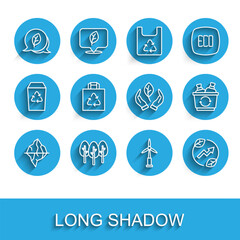 Set line Iceberg, Tree, Leaf Eco symbol, Wind turbine, Electric saving plug leaf, Shopping bag with recycle, Recycle and hand icon. Vector