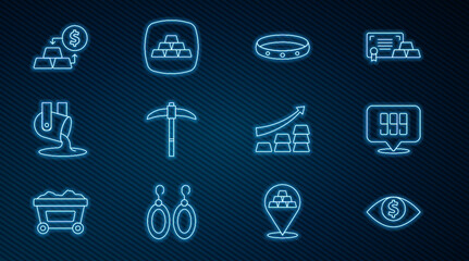 Set line Eye with dollar, Gold bars 24k, ring, Pickaxe, Molten gold being poured, exchange money, Growth arrow and icon. Vector
