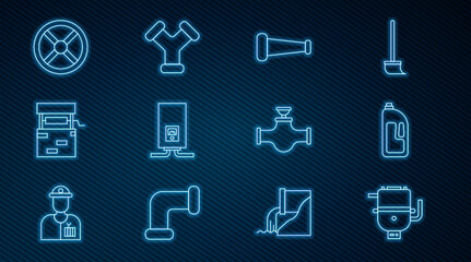 Set line Electric boiler for heating water, Container with drain cleaner, Industry metallic pipe, Gas burning fire, Well, valve, and and icon. Vector