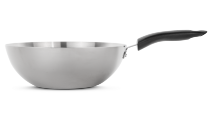 Wok or pan. Stainless steel wok pan non-stick without lid. Scratch Proof metal cookware for gas, induction or electric stove. For cooking meat, vegetable, rice. Professional chef kitchen equipment.