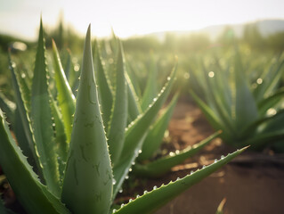 Aloe vera, fresh leaf of aloe vera in farm garden natural background. A refreshing take on minimalism photographing the soothing qualities of aloe vera. Realistic 3D illustration. Generative AI - obrazy, fototapety, plakaty