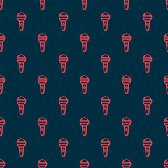 Red line Microphone icon isolated seamless pattern on black background. On air radio mic microphone. Speaker sign. Vector