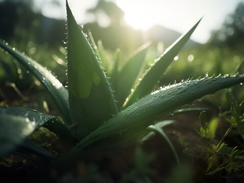 Aloe vera, fresh leaf of aloe vera in farm garden natural background. A refreshing take on minimalism photographing the soothing qualities of aloe vera. Realistic 3D illustration. Generative AI