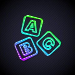Glowing neon line ABC blocks icon isolated on black background. Alphabet cubes with letters A,B,C. Vector