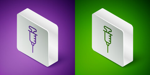 Isometric line Syringe icon isolated on purple and green background. Syringe for vaccine, vaccination, injection, flu shot. Medical equipment. Silver square button. Vector