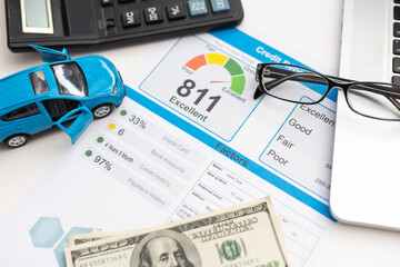 Credit report with score on a desk