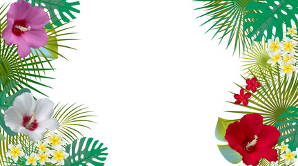Bright vector illustration of tropical flowers and leaves. Hibiscus. Plumeria. Frangipani. Palm leaves. Red. Green. Exotic. Border.Tropical background.