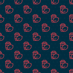 Red line Cup of tea with lemon icon isolated seamless pattern on black background. Vector