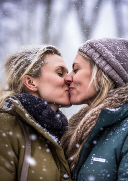 Lesbian couple on a winter day, wearing warm clothes - smiling happy, kissing, snow falling around, their faces together, intimate candid moment. Generative AI