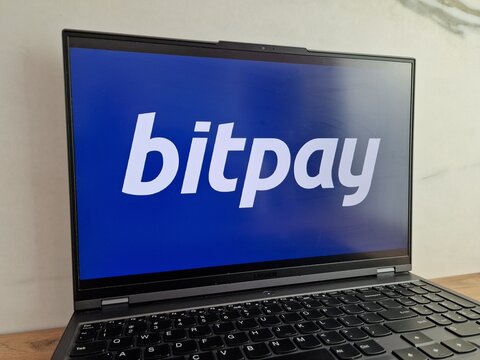 Konskie, Poland - May 28, 2023: BitPay bitcoin payment service provider logo displayed on laptop pc screen