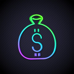 Glowing neon line Money bag icon isolated on black background. Dollar or USD symbol. Cash Banking currency sign. Vector